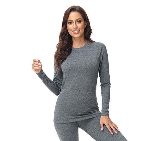 Women's Thermal Underwear Set - Soft Fleece-Lined Winter Base Layer, Round Neck Long Sleeve Top & Pants, Stretchy & Warm (Black/Gray)_voghion.com