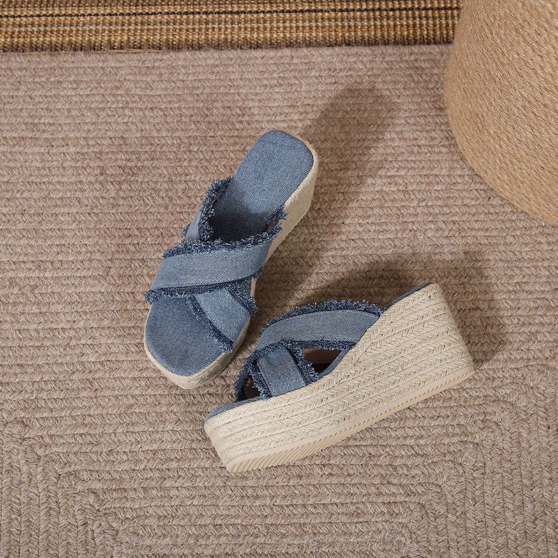 Damesschoenen Zomer Wedgesleekte Dikke Bodem Hoge Hak Sandalen Voor Dames Band Open Teen Stro Gevlochten Touw Bodem_voghion.com