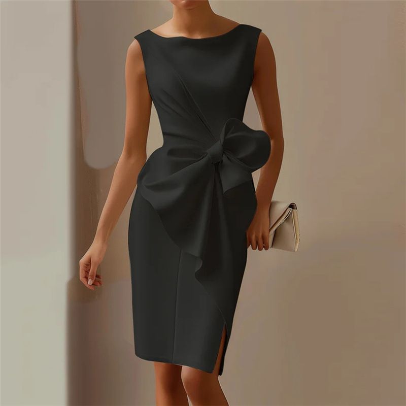 Europäischen Und Amerikanischen Stil 2025winter Neue Damenmode Temperament Bogen Kleid Hohe Taille Schlank Einfarbig Kleid_voghion.com