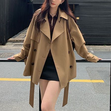 2025 Koreaanse stijl nieuwe high-end revers korte trenchcoat dames herfst losse pasvorm dubbelrijs jas_voghion.com
