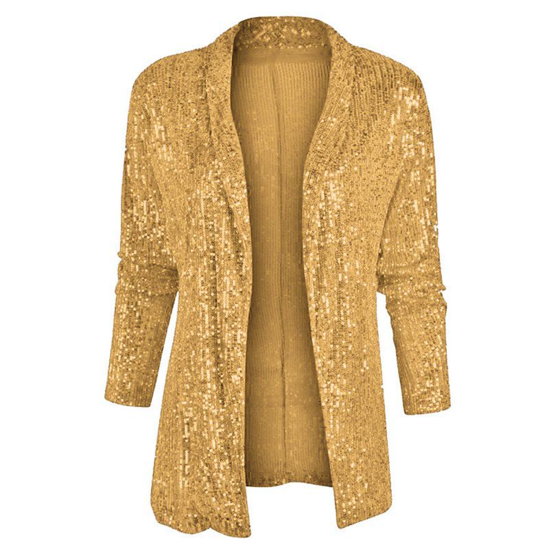 Temperamento a maniche lunghe con paillettes Lunghezza media Abito piccolo con risvolto Giacca tinta unita da donna_voghion.com