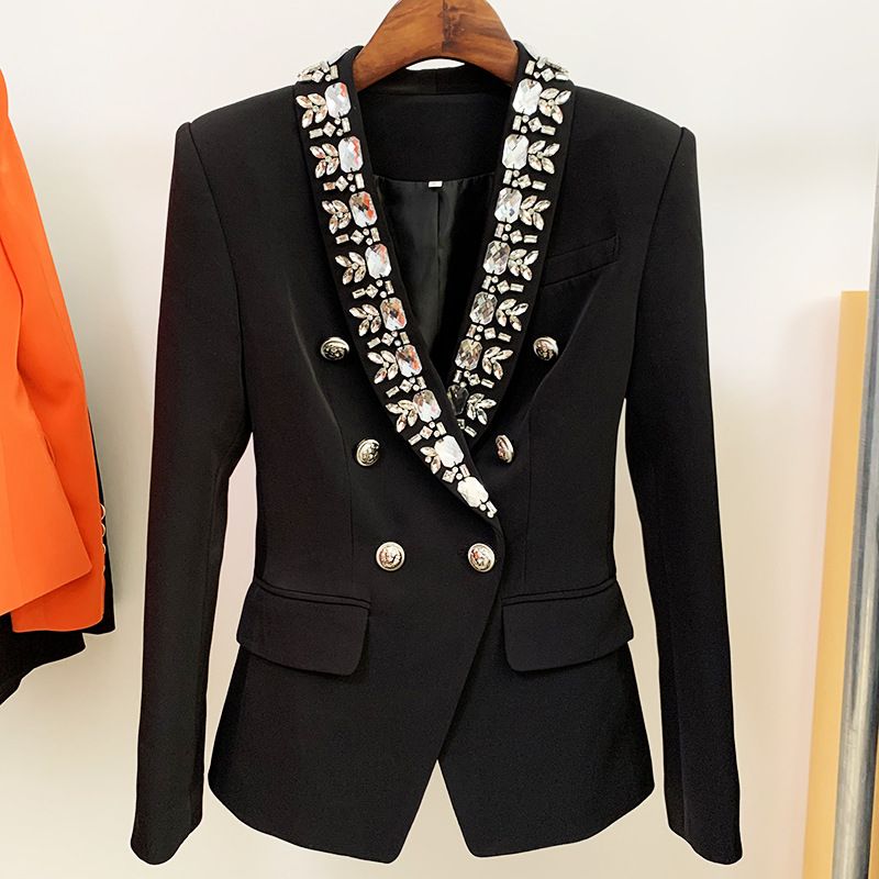 New European And American Celebrity Women's Coat With Personalized Lion Button Double-breasted Heavy Work Beaded Lapel Suit;_voghion.com