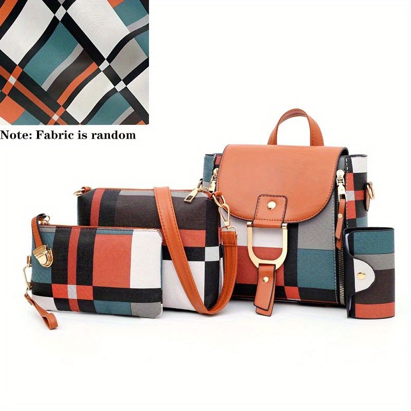 Set di 4 borse con motivo a quadri, zaino alla moda da donna, borsa a tracolla, pochette e porta carte_voghion.com
