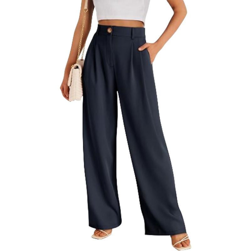 ​Women's High Waist Wide Leg Dress Pants - Business Casual Trousers With Pockets, Polyester Straight Leg Pant For Work Office_voghion.com
