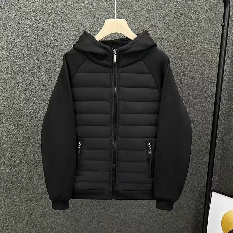 Giacca leggera da uomo con cappuccio, stile streetwear – Cappotto unisex oversize con cerniera, imbottitura in poliestere e pannelli a contrasto (nero/bianco/grigio)_voghion.com