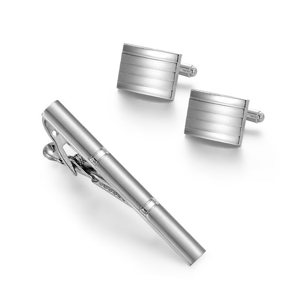 Vīriešu biznesa kaklasaišu saspraudes aproču pogu komplekts Vienkāršs sudraba svītrains kaklasaites saspraudes uzvalka aksesuāri Karstā izpārdošana_voghion.com