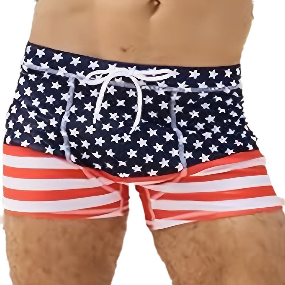 Meeste spordiujumispüksid lameda nurga all tähe- ja triibutrükiga, kiiresti kuivavad ja päikesekaitsevastased ujumispüksid_voghion.com