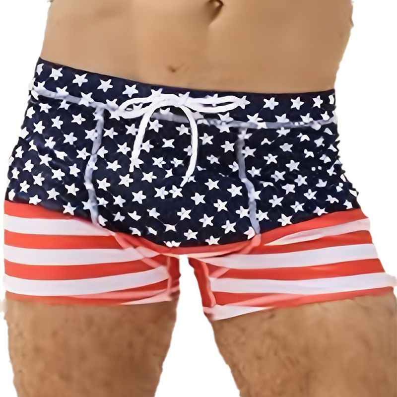 Men's Sports Swim Trunks Flat Angle Star & Stripe Print Quick-Dry Anti-Exposure Swim Shorts_voghion.com