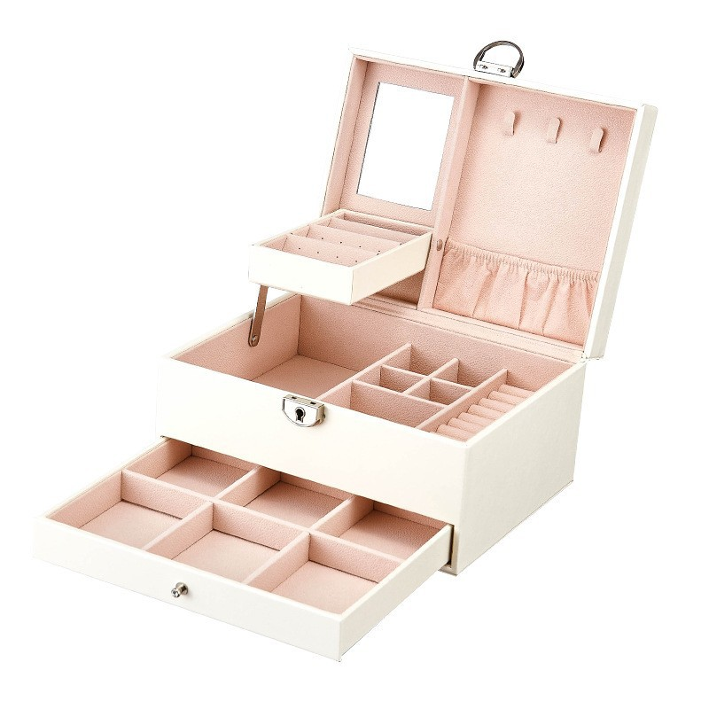 Jewelry Storage Box Large Capacity PU Leather Organizer With Mirror Lock Multi-Layer Design For Earrings Rings Necklaces Bracelets Home Use_voghion.com