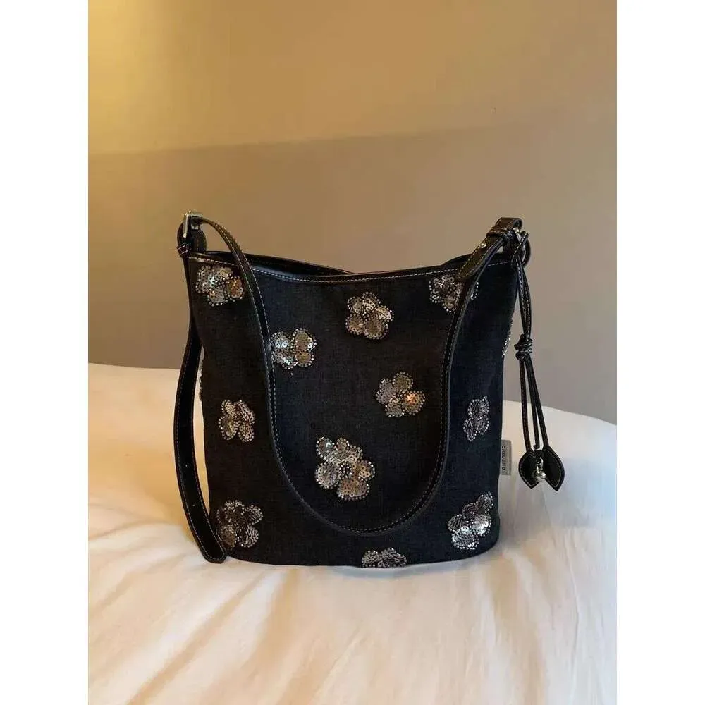 Nanfeng Chio2nd Starlight Dream Tote Black Denim Shoulder Women Glitter Flower Crossbody Bag_voghion.com