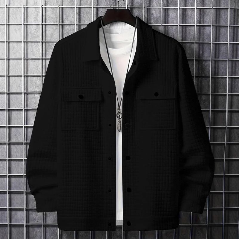 Men's Clothing Spring And Autumn Men's Casual Jacquard Small Plaid Loose Coat Shirt_voghion.com