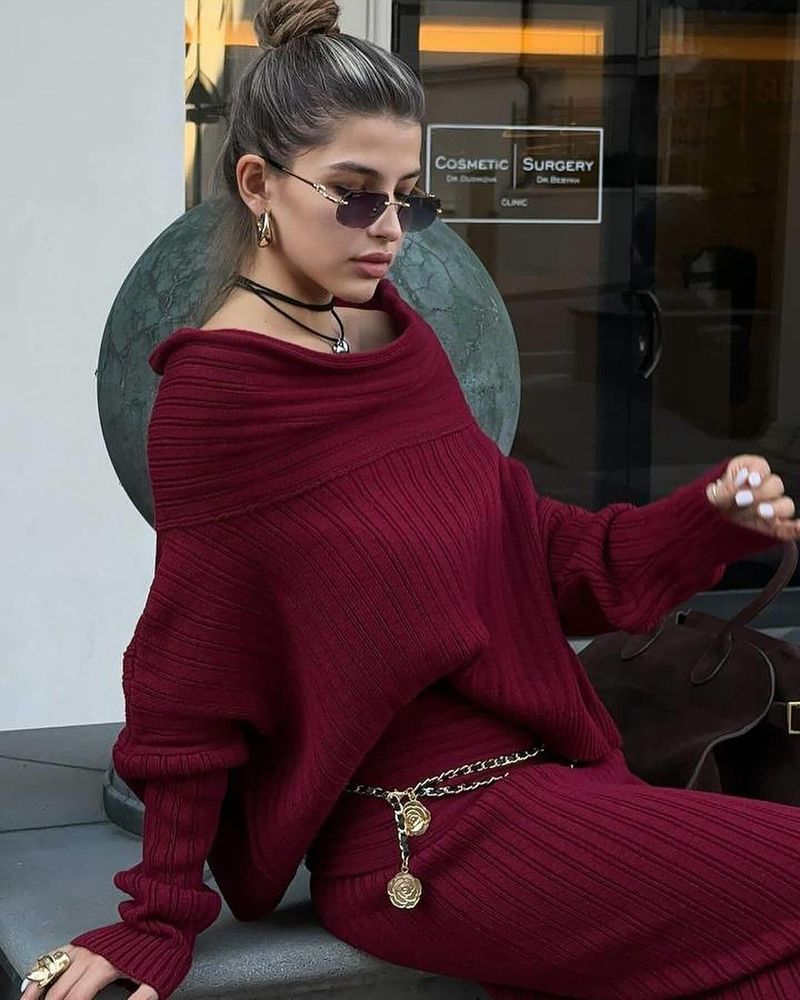 Dammekleeder Een-Schëller Schlank Loose Einfarwege Strickpullover Zwee-Stéck-Set Laangärmlech_voghion.com