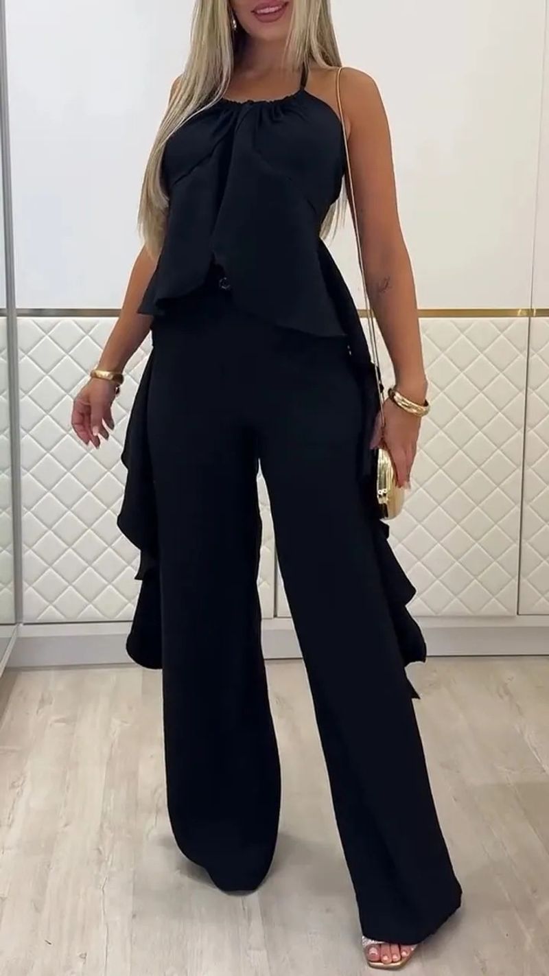 Damenbekleidung Einfarbig Ärmellos Unregelmäßig Hosenträger Top Freizeithose Modeanzug_voghion.com