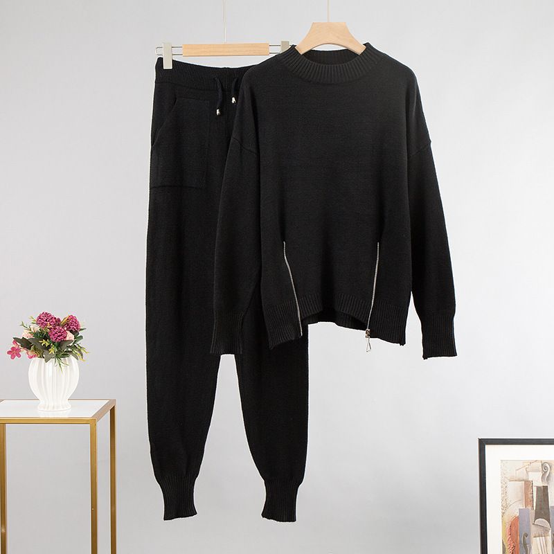 Autumn and Winter New Zipper Waist Sweater Haren Pants Russian Pullover Two Piece Set_voghion.com