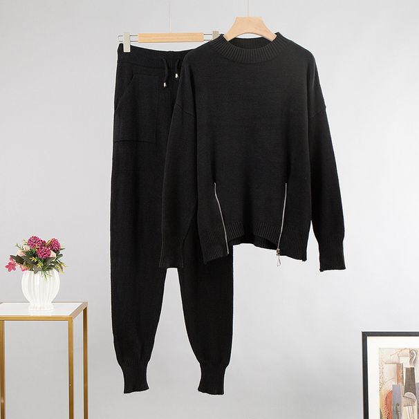 Autumn and Winter New Zipper Waist Sweater Haren Pants Russian Pullover Two Piece Set_voghion.com
