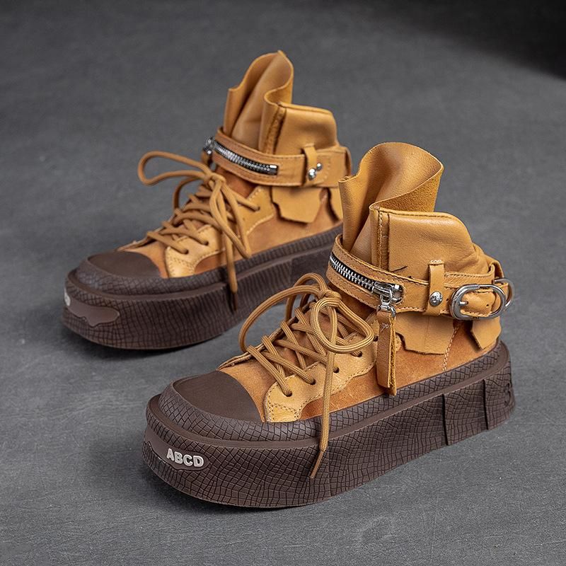 Johnature Retro Genuine Leather Short Boots Women Versatile Thick Soled Lace-up Flat Platform Shoes_voghion.com