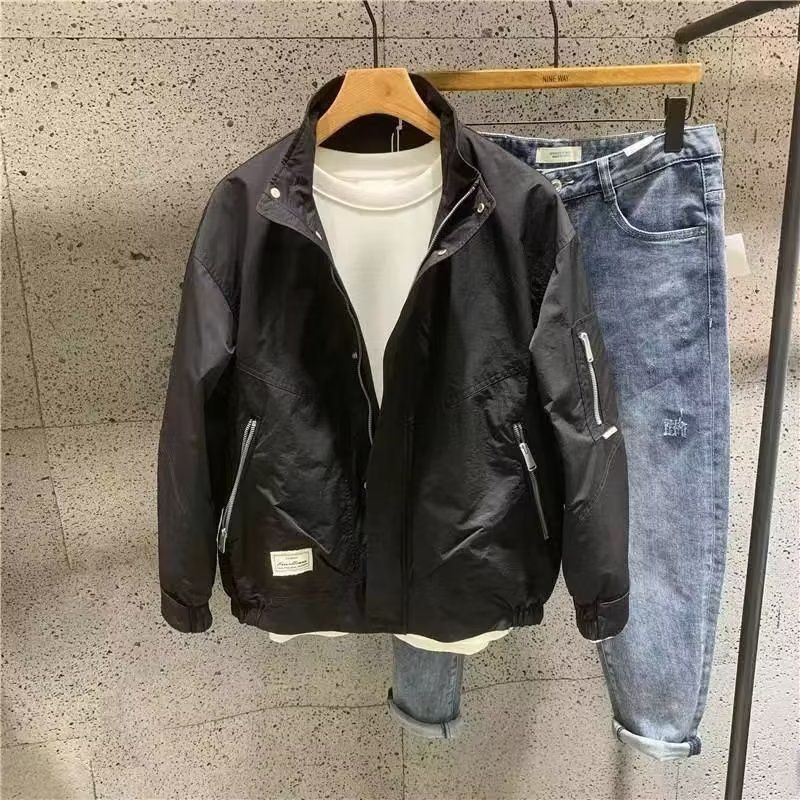 Vêtements pour hommes : veste de travail décontractée pour hommes – Vêtements d'extérieur élégants, coupe ample, col montant, mélange de polyester léger et résistant (noir/vert)_voghion.com