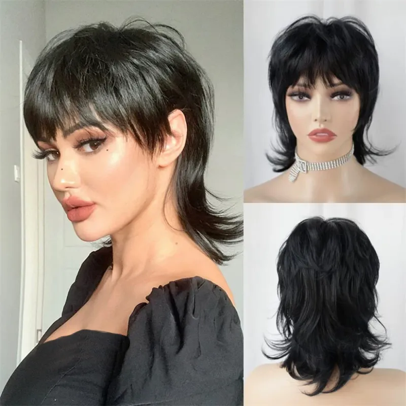 Pixie Cut Kurze Perücke Shaggy Layered Vokuhila mit Pony Echthaar für Frauen Party Cosplay_voghion.com