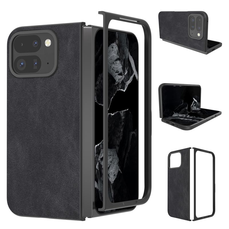 Google Pixel 9 Pro Fold Siyah Çerçeve PU Deri Tam Kapsama Telefon Kılıfı (Siyah)_voghion.com