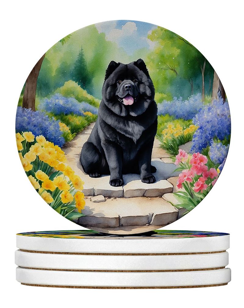Chow Chow Spring Path Large Sandstone Coasters Pack Of 4 Absorbent Round Coasters Decor Gifts For Men Or Women, 4 In, Multicolor_voghion.com
