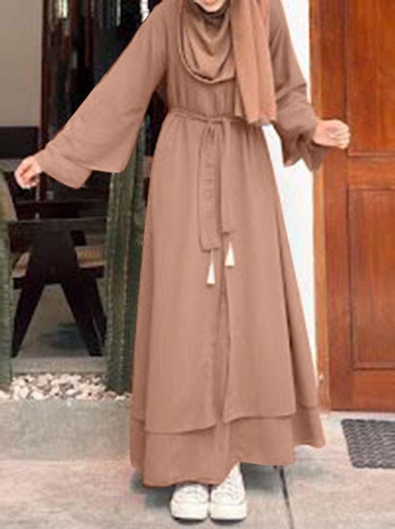 Women's Clothing Spring And Autumn New Muslim Fashion Art Retro Casual Loose Large Size Round Neck Belt Dress_voghion.com