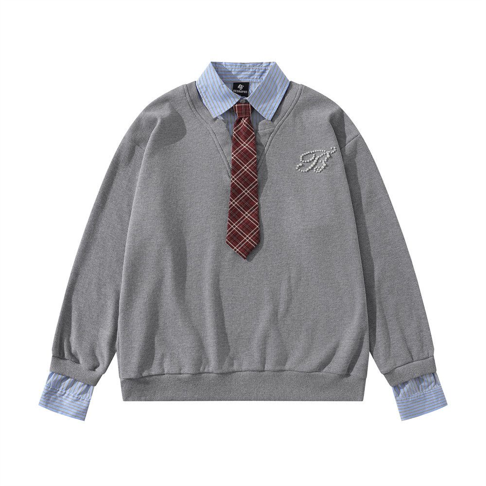 Zweiteiliges Sweatshirt mit vertikalen Streifen, Farbblock-Design, Umlegekragen und lockerer Passform – ideal für Frühling und Herbst. Amerikanischer Streetstyle für Herren._voghion.com