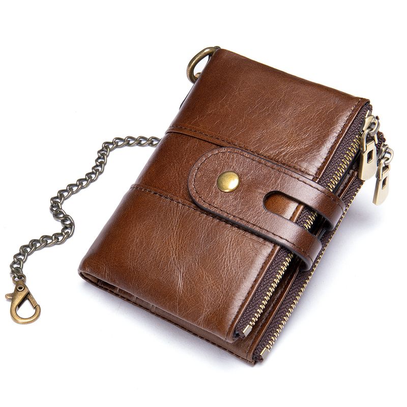 Ledergeldbörse Retro 2-fach RFID-Geldbörse Herren-Geldbörse Erste Schicht Rindsleder Reißverschluss-Geldbörse Kettengeldbörse_voghion.com
