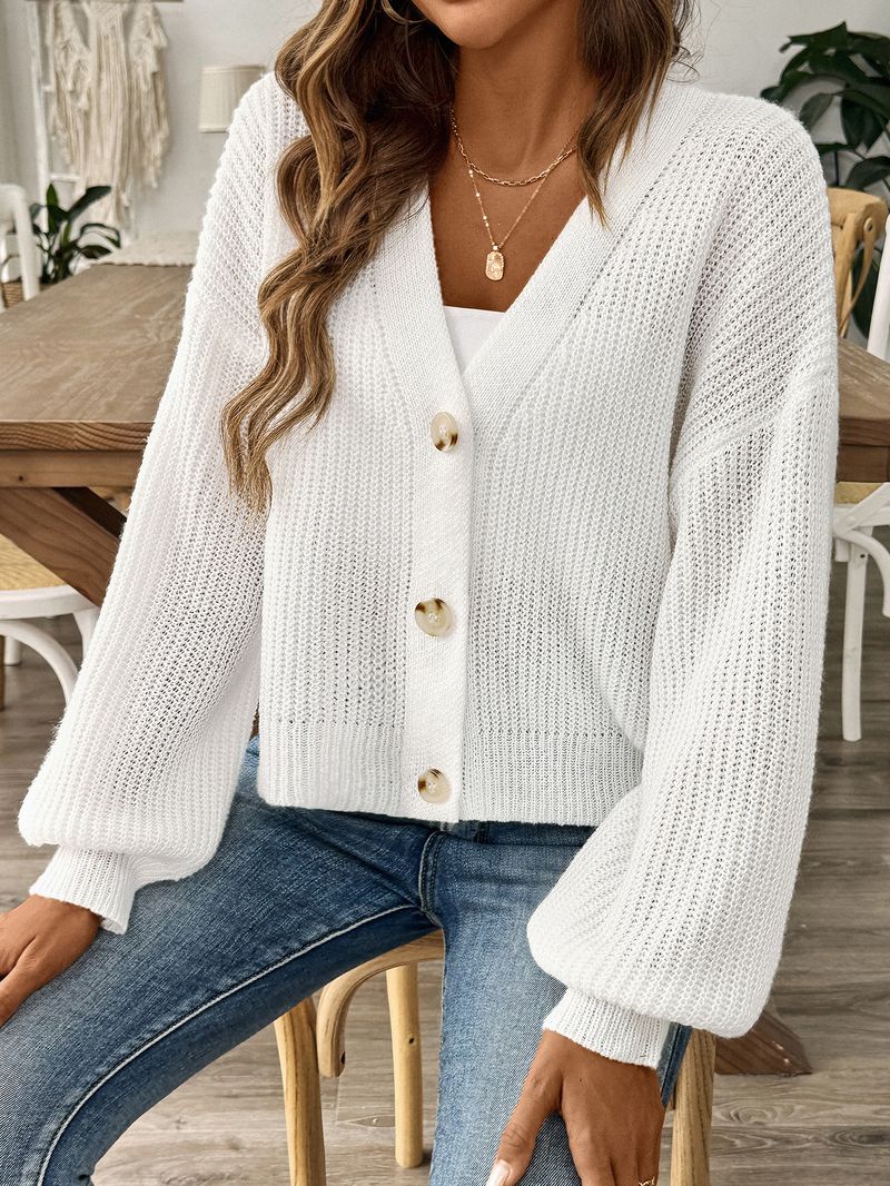 Cardigan tricoté pour femme – Pull doux à col en V, boutonné sur le devant, ouvert sur le devant, manches longues, décontracté, automne-hiver, noir et blanc_voghion.com