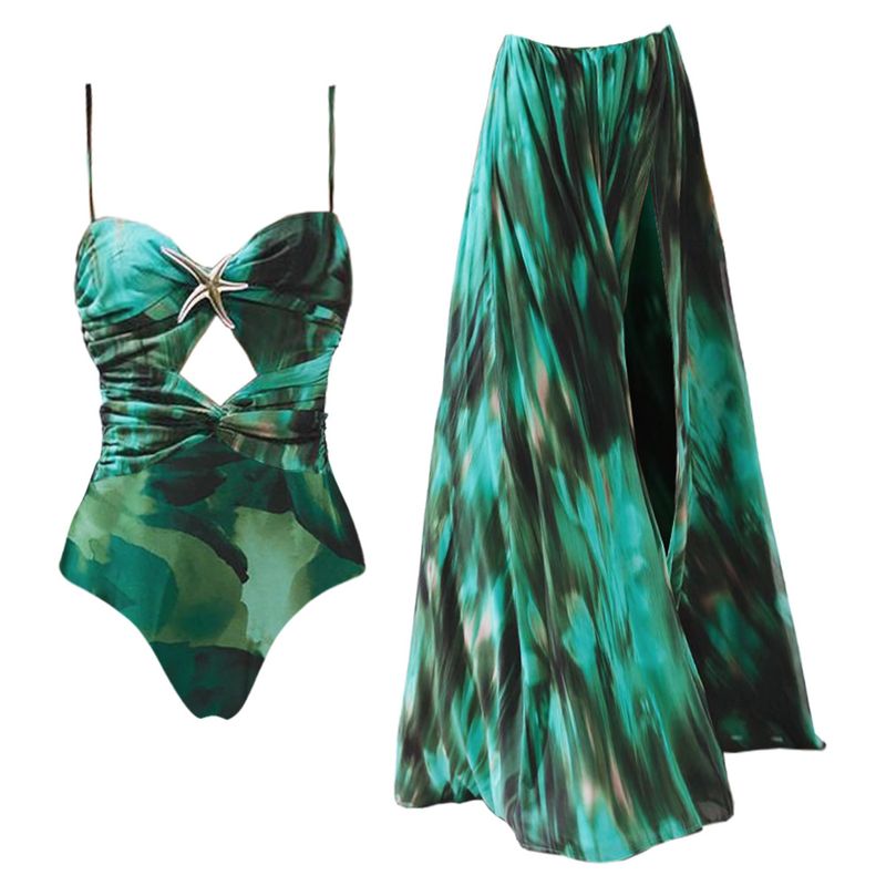 Roupas femininas Novo verde tinta impressão oco maiô e split guarda-chuva saia feriado terno_voghion.com