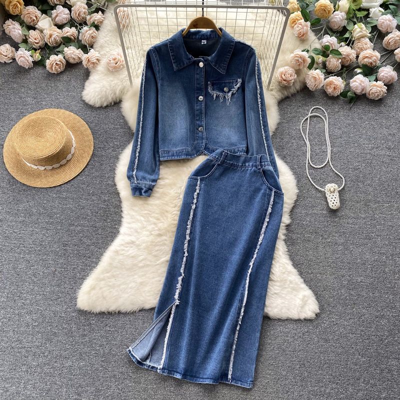Women's Retro Washed Short Denim Jacket for Women + High Waist Slimming Raw Edge Slit Hip-wrapped Skirt Two-piece Set_voghion.com