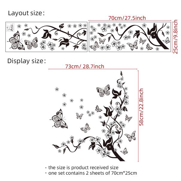 Ręcznie rysowane gałązki motyli, kwiaty, PVC N1811, samoprzylepne naklejki dekoracyjne na ścianę w salonie_voghion.com