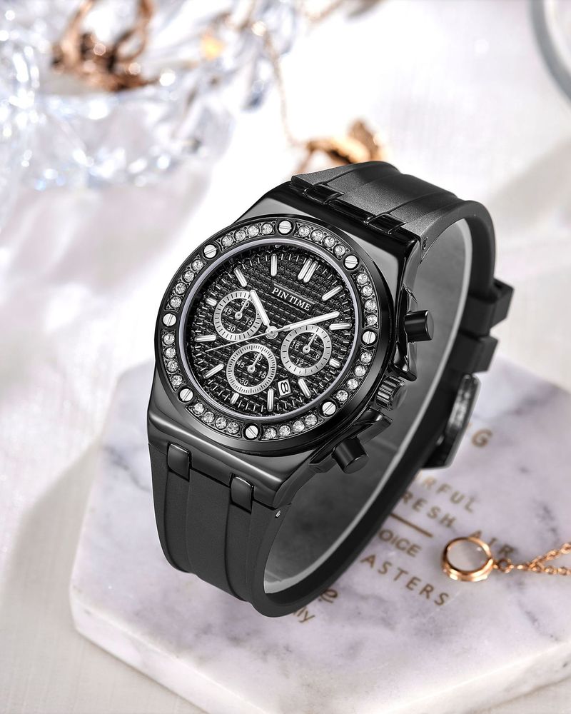 Pintime Luxury  Date Quartz Diamond Women Wrist Watch Silicone Band Fancy Rose Gold Ladies Watches_voghion.com