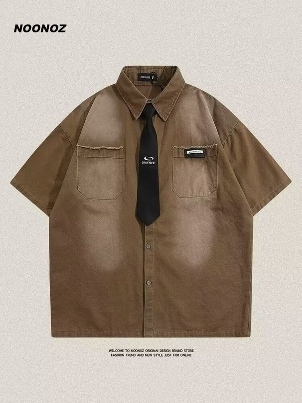 Gradient Casual Shirt Men's Short Sleeve - Loose Fit V-Neck Summer Top With Detachable Tie | Breathable Poly-Cotton Blend | Streetwear Style_voghion.com