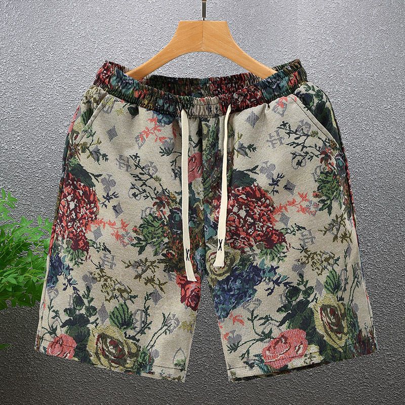 Peony Printed Shorts, Men's Trendy And Personalized Five Piece Pants, 2024 New Men's Ruffled And Handsome Internet Famous Half Cut Pants_voghion.com