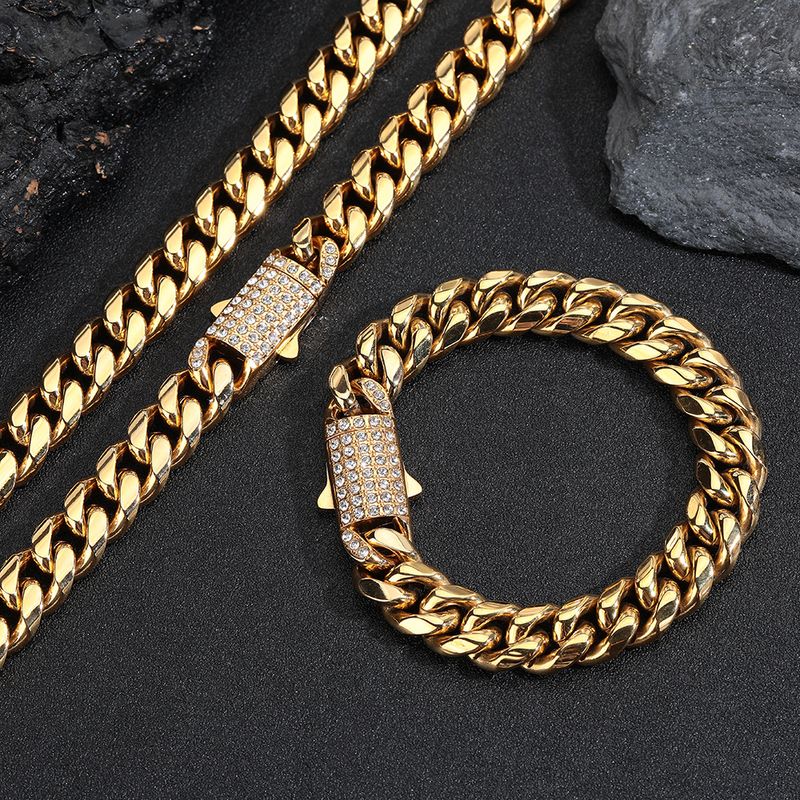 Necklace Men Necklace Hip Hop Cuban Chain Stainless Jewelry Zircon Spring Clasp Cuban Chain Titanium Steel Hip Hop Personality Men's Necklace_voghion.com