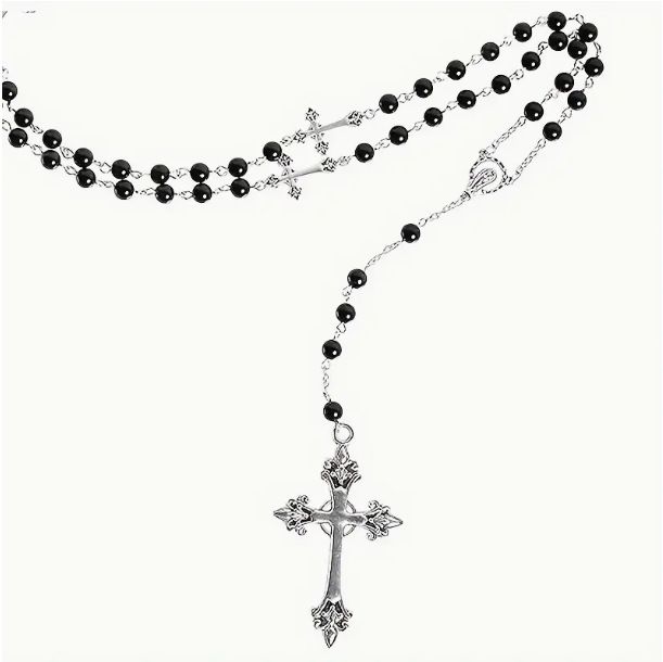 Dunkles Punk-Kreuz, lang, für Frauen, Gothic-Stil, Y-förmige Perlenkette_voghion.com