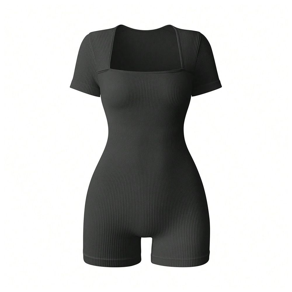 Cross-Border Neue Shorts mit quadratischem Ausschnitt für Damen, schmal geschnitten, hohe Taille, eng anliegend, einfarbig, gerippt, sportlich-lässiger Jumpsuit_voghion.com