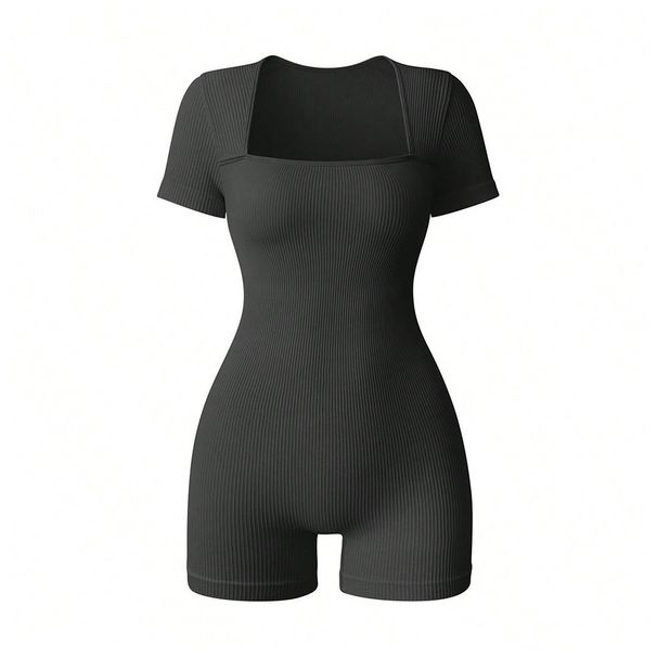 Cross-Border Neue Shorts mit quadratischem Ausschnitt für Damen, schmal geschnitten, hohe Taille, eng anliegend, einfarbig, gerippt, sportlich-lässiger Jumpsuit_voghion.com