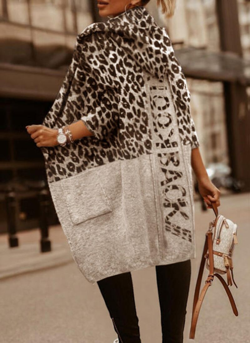 Maglione cardigan da donna con stampa leopardata, personalità, lunghezza media, ampio, con cuciture a lettera, con cappuccio, giacca lavorata a maglia_voghion.com