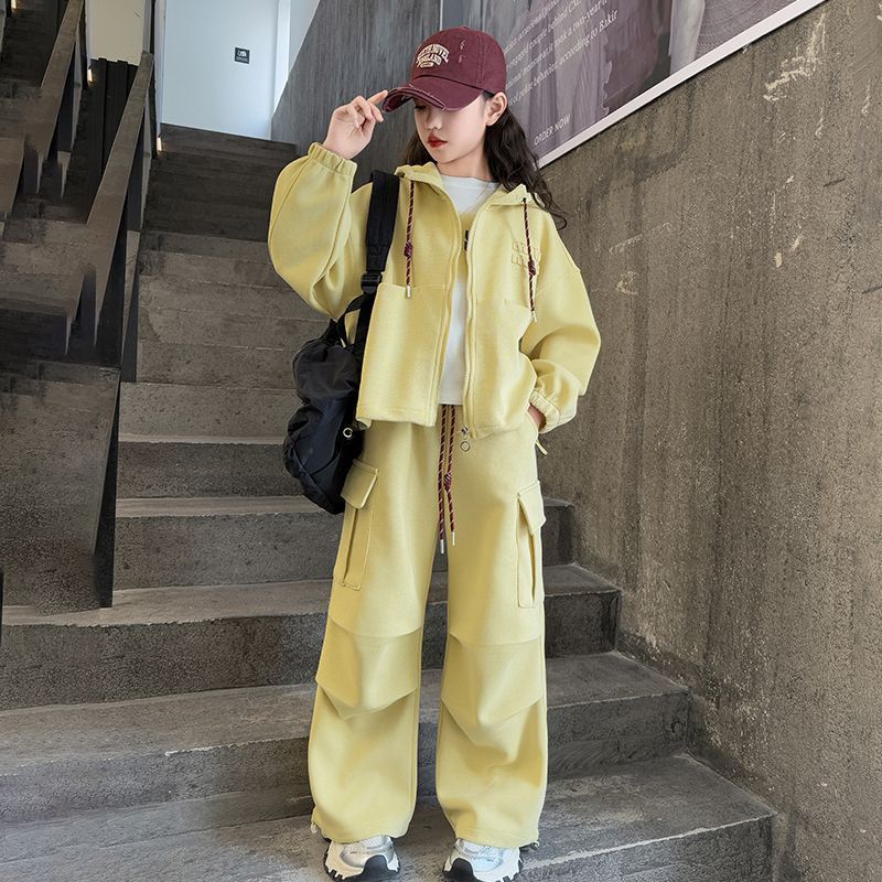 Mädchen Herbstmode Kapuzenpullover-Set, Größe M und älter, Koreanischer Stil, lockeres Oberteil, weite Hose, zweiteiliges Set, trendig_voghion.com