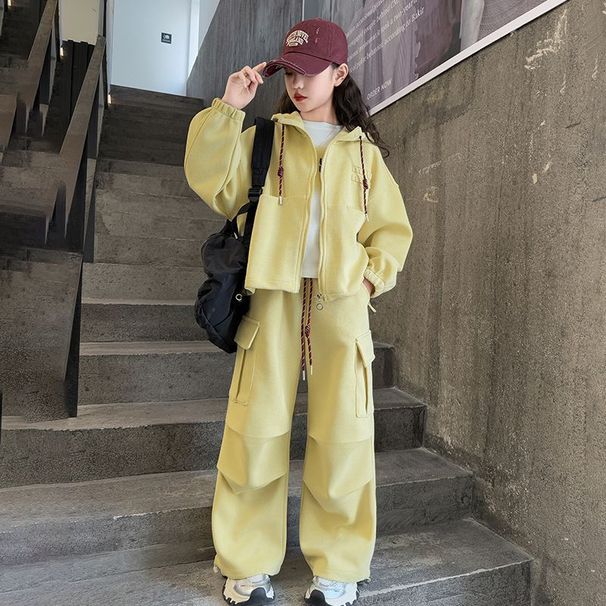 Mädchen Herbstmode Kapuzenpullover-Set, Größe M und älter, Koreanischer Stil, lockeres Oberteil, weite Hose, zweiteiliges Set, trendig_voghion.com