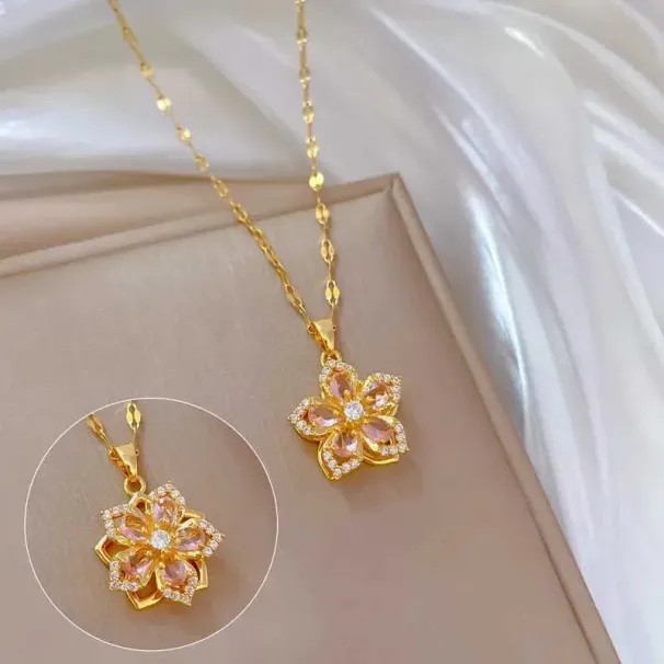 Halsketten mit Anhänger, exquisite, mikroverzierte, süße rosa Schmuckblumenhalskette, modischer, drehbarer Edelstahl_voghion.com