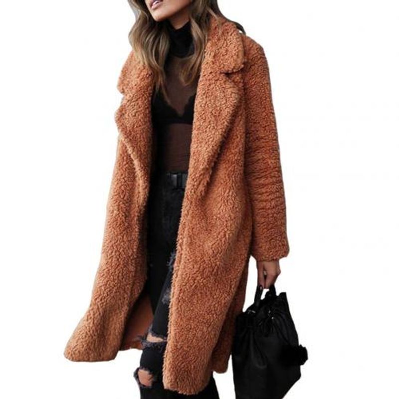 Hiver épaissir en peluche chaud Cardigan femmes revers couleur unie à manches longues Midi manteau abrigos mujer casacos de inver_voghion.com