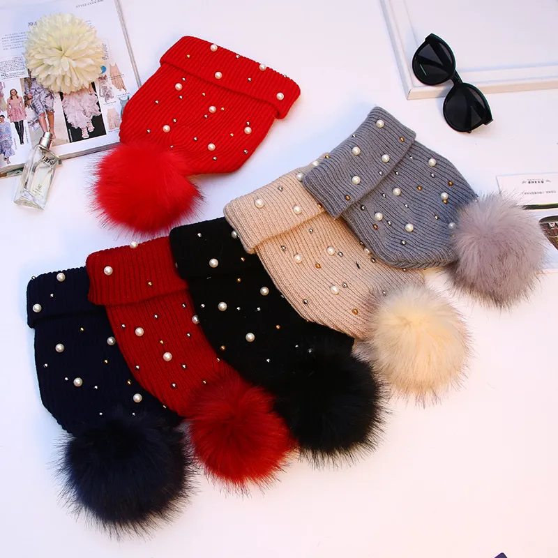 2021 Women Winter Fashion Hat Pompom Balls Cap Pearls Rhinestones Knitted Wool Beanie Casual Outdoor Warm Female_voghion.com
