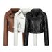 Veste de moto en similicuir pour femme avec ceinture ajustable, coutures princesse et fermeture éclair - Noir, marron clair, ivoire_voghion.com