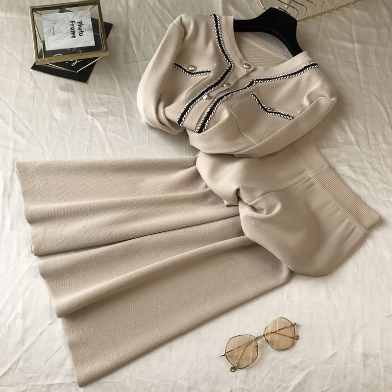 Zweiteiliges Set für Damen, modisch, Rundhalsausschnitt, Strickjacke, Oberteil, Hose mit weitem Bein_voghion.com