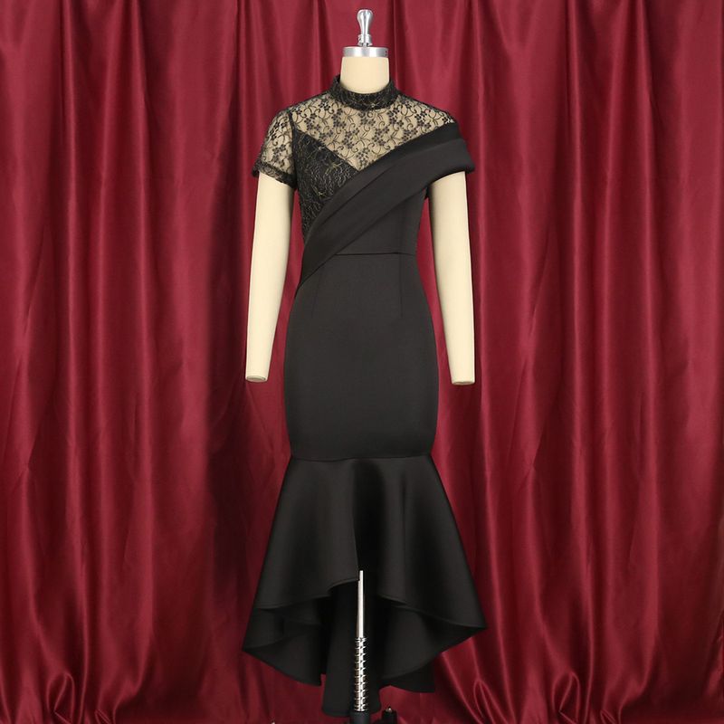 Dames kanten damesjurk met korte mouwen en hoge taille met ruches en feestjurk voor dames_voghion.com