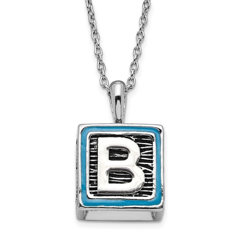 Sentimental Expressions Polished & Antiqued Blue Enameled & CZ Family Building Blocks Necklace_voghion.com