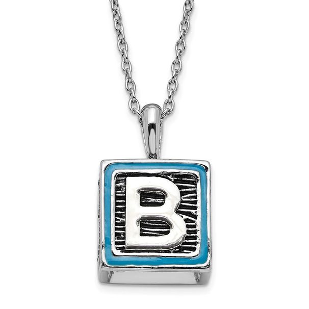 Sentimental Expressions Polished & Antiqued Blue Enameled & CZ Family Building Blocks Necklace_voghion.com