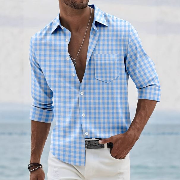 Men's Premium Yarn-Dyed Plaid Shirt – Classic Checkered Pattern With Chest Pocket, Breathable Cotton (Azure/Crimson/Yellow/Pink/Black, S-XXXL)_voghion.com